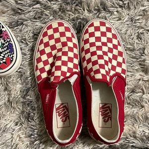 red and white vans slip on